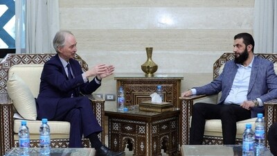 U.N. Syria envoy Geir Pedersen meets with head of Hayat Tahrir al-Sham and Syria's de facto leader, Ahmed al-Sharaa, also known as Abu Mohammed al-Golani in Damascus, Syria in this handout released on December 15, 2024. (via REUTERS)