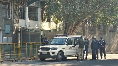 Security personnel outside Delhi Public School at R K Puram after a hoax bomb threat. (ANI) Security personnel outside Delhi Public School at R K Puram after a hoax bomb threat. (ANI)