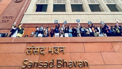 INDIA bloc MPs on Thursday staged protests against Shah's remarks on Ambedkar on the Parliament premises. (X/Rahul Gandhi) INDIA bloc MPs on Thursday staged protests against Shah's remarks on Ambedkar on the Parliament premises. (X/Rahul Gandhi)