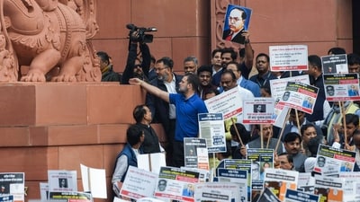 Nishkant Dubey claimed to have seen Rahul Gandhi climbing up the Makar Dwar during Thursday's scuffle over Ambedkar remark row. (ANI) Nishkant Dubey claimed to have seen Rahul Gandhi climbing up the Makar Dwar during Thursday's scuffle over Ambedkar remark row. (ANI)