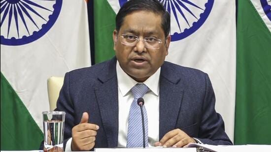 Ministry of External Affairs spokesperson Randhir Jaiswal speaks during weekly media briefing in New Delhi on Friday (PTI)