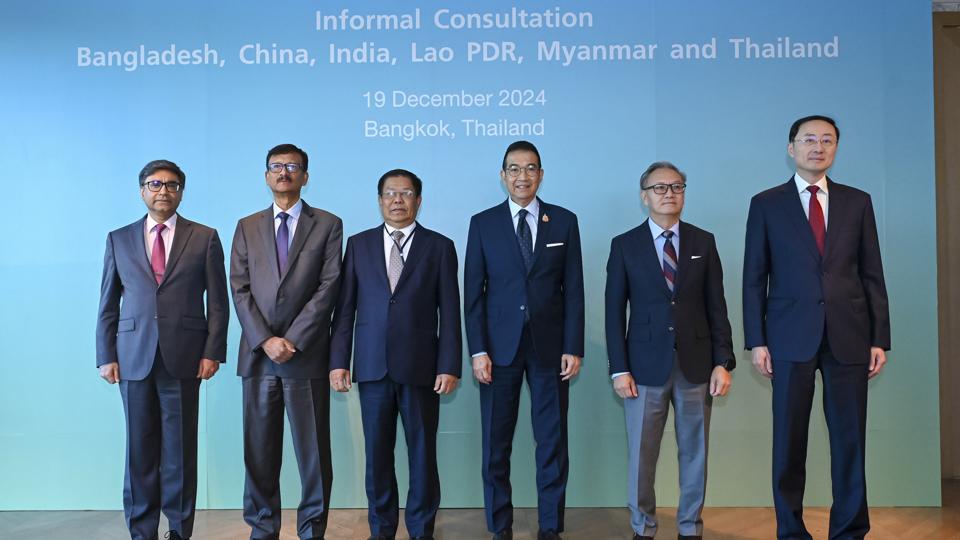India’s Foreign Secretary Vikram Misri, Bangladesh Advisor for Foreign Affairs Touhid Hossain, Myanmar Foreign Minister Than Swe, Thailand’s Foreign Minister Maris Sangiampongsa, Laos Foreign Minister Thongsavanh Phomvihane, and China Vice Minister of Foreign Affairs Sun Weidong pose for a photo before the six-country informal consultation to discuss ways in addressing shared concerns, in Bangkok, Thailand. (Thailand Foreign Ministry via AP) India’s Foreign Secretary Vikram Misri, Bangladesh Advisor for Foreign Affairs Touhid Hossain, Myanmar Foreign Minister Than Swe, Thailand’s Foreign Minister Maris Sangiampongsa, Laos Foreign Minister Thongsavanh Phomvihane, and China Vice Minister of Foreign Affairs Sun Weidong pose for a photo before the six-country informal consultation to discuss ways in addressing shared concerns, in Bangkok, Thailand. (Thailand Foreign Ministry via AP)