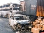 Charred remains of vehicles at the site of the accident after a massive fire started due to a collision between a gas tanker and multiple vehicles near a petrol pump on the Jaipur-Ajmer Highway. Charred remains of vehicles at the site of the accident after a massive fire started due to a collision between a gas tanker and multiple vehicles near a petrol pump on the Jaipur-Ajmer Highway.