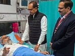 Union Minister Shivraj Singh Chouhan meets Bharatiya Janata Party (BJP) MP Pratap Sarangi, who sustained injuries in parliament premises after an alleged scuffle between the opposition and ruling alliance