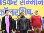 Atishi, Arvind Kejriwal and Manish Sisodia in New Delhi on Saturday. (Arvind Yadav/HT Photo) Atishi, Arvind Kejriwal and Manish Sisodia in New Delhi on Saturday. (Arvind Yadav/HT Photo)
