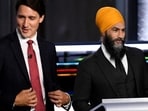File Photo: Justin Trudeau (left) and NDP Leader Jagmeet Singh take part in the federal election English-language Leaders debate in Gatineau, Canada, on September 9, 2021. (REUTERS)