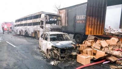 Charred remains of vehicles at the site of the accident after a massive fire started due to a collision between a gas tanker and multiple vehicles near a petrol pump on the Jaipur-Ajmer Highway. (ANI) Charred remains of vehicles at the site of the accident after a massive fire started due to a collision between a gas tanker and multiple vehicles near a petrol pump on the Jaipur-Ajmer Highway. (ANI)