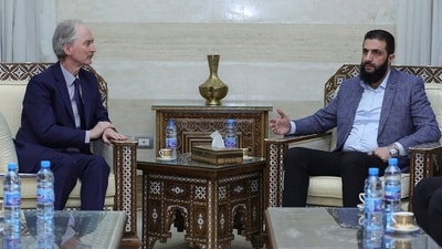 The leader of Hayat Tahrir al-Sham Ahmad al-Sharaa, (Abu Mohammed al-Golani), right, as he meets with United Nations' special envoy to Syria, Geir Pederson, in Damascus, Monday, Dec. 16, 2024. AP/PTI(AP12_16_2024_000257A) (AP) The leader of Hayat Tahrir al-Sham Ahmad al-Sharaa, (Abu Mohammed al-Golani), right, as he meets with United Nations' special envoy to Syria, Geir Pederson, in Damascus, Monday, Dec. 16, 2024. AP/PTI(AP12_16_2024_000257A) (AP)