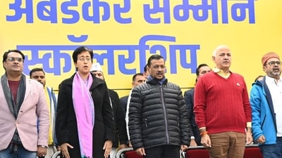 Atishi, Arvind Kejriwal and Manish Sisodia in New Delhi on Saturday. (Arvind Yadav/HT Photo) Atishi, Arvind Kejriwal and Manish Sisodia in New Delhi on Saturday. (Arvind Yadav/HT Photo)