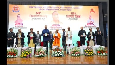 CM Yogi Adityanath and others launch a medical manual published by KGMU this year at the 120th Foundation Day. (Sourced) CM Yogi Adityanath and others launch a medical manual published by KGMU this year at the 120th Foundation Day. (Sourced)