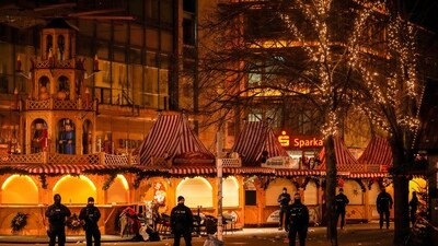 Germany car attack: Security guards stand in front of a cordoned-off Christmas Market after a car crashed into a crowd of people, in Magdeburg, Germany.&nbsp; (AP)