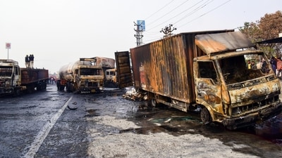 Jaipur, Dec 20 (ANI) Firefighters extinguish the fire at the site of the accident after a massive fire started due to a collision between a gas tanker and multiple vehicles near a petrol pump on the Jaipur-Ajmer Highway, in Jaipur on Friday. Reportedly, Four people died and several injured in the accident. (ANI) Jaipur, Dec 20 (ANI) Firefighters extinguish the fire at the site of the accident after a massive fire started due to a collision between a gas tanker and multiple vehicles near a petrol pump on the Jaipur-Ajmer Highway, in Jaipur on Friday. Reportedly, Four people died and several injured in the accident. (ANI)