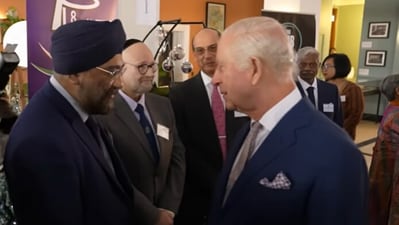 King Charles with an Indian-origin man at an event which took place on December 20. (YouTube/@royalchannel) King Charles with an Indian-origin man at an event which took place on December 20. (YouTube/@royalchannel)