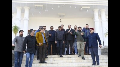 Leader of Opposition Jai Ram Thakur with BJP MLAs walk out of the Vidhan Sabha during the last day of the winter session in Dharamsala on Saturday. (HT Photo) Leader of Opposition Jai Ram Thakur with BJP MLAs walk out of the Vidhan Sabha during the last day of the winter session in Dharamsala on Saturday. (HT Photo)