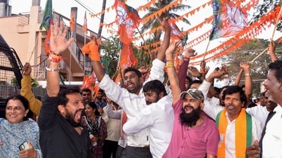 BJP activists celebrate after the Karnataka High Court directed the police to immediately release BJP leader CT Ravi, outside his residence in Chikmagalur. (PTI) BJP activists celebrate after the Karnataka High Court directed the police to immediately release BJP leader CT Ravi, outside his residence in Chikmagalur. (PTI)