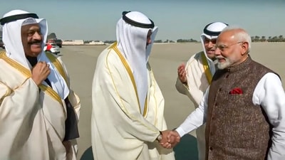 **EDS: SCREENGRAB VIA @NarendraModi** Kuwait City: Prime Minister Narendra Modi being welcomed upon his arrival at the airport, in Kuwait, Saturday, Dec. 21, 2024. (PTI Photo) (PTI12_21_2024_000117A) (PTI) **EDS: SCREENGRAB VIA @NarendraModi** Kuwait City: Prime Minister Narendra Modi being welcomed upon his arrival at the airport, in Kuwait, Saturday, Dec. 21, 2024. (PTI Photo) (PTI12_21_2024_000117A) (PTI)