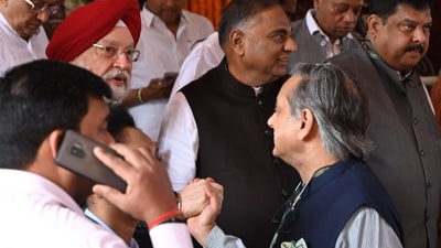 Union minister Hardeep Singh Puri with Congress leader Shashi Tharoor with other leaders after 'Samvidhan Divas' function at Samvidhan Sadan, Parliament House in New Delhi. (Arvind Yadav/ Hindustan Times) Union minister Hardeep Singh Puri with Congress leader Shashi Tharoor with other leaders after 'Samvidhan Divas' function at Samvidhan Sadan, Parliament House in New Delhi. (Arvind Yadav/ Hindustan Times)