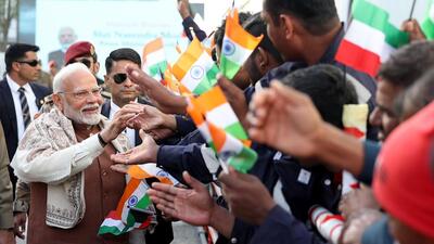 Prime Minister Narendra Modi being welcomed by Indian workers during his visit to a labour camp in Mina Abdullah area of Kuwait, on Saturday. (MEAIndia-X) Prime Minister Narendra Modi being welcomed by Indian workers during his visit to a labour camp in Mina Abdullah area of Kuwait, on Saturday. (MEAIndia-X)