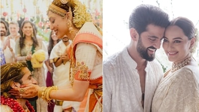 A photo of actor couple Naga Chaitanya-Sobhita Dhuliapa (L) and Sonakshi Sinha and Zaheer Iqbal (R) A photo of actor couple Naga Chaitanya-Sobhita Dhuliapa (L) and Sonakshi Sinha and Zaheer Iqbal (R)