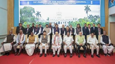 Union Home Minister Amit Shah, Union Minister for Development of North Eastern Region (DoNER) Jyotiraditya Scindia, Tripura Chief Minister Manik Saha, Assam Chief Minister Himanta Biswa Sarma, Manipur Chief Minister N Biren Singh, Arunachal Pradesh Chief Minister Pema Khandu, Sikkim Chief Minister Prem Singh Tamang and others during the 72nd plenary meeting of the North Eastern Council (NEC), in Agartala. (PTI) Union Home Minister Amit Shah, Union Minister for Development of North Eastern Region (DoNER) Jyotiraditya Scindia, Tripura Chief Minister Manik Saha, Assam Chief Minister Himanta Biswa Sarma, Manipur Chief Minister N Biren Singh, Arunachal Pradesh Chief Minister Pema Khandu, Sikkim Chief Minister Prem Singh Tamang and others during the 72nd plenary meeting of the North Eastern Council (NEC), in Agartala. (PTI)
