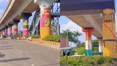 The pillars of Namma Metro’s Yellow Line are being painted in themes inspired by handmade wooden toys. (X/@Bnglrweatherman) The pillars of Namma Metro’s Yellow Line are being painted in themes inspired by handmade wooden toys. (X/@Bnglrweatherman)