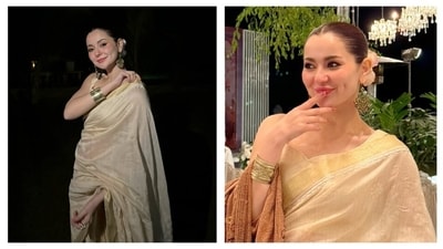 Pakistani actor Hania Aamir stuns in a saree at a wedding function. (Instagram/ Hania Aamir) Pakistani actor Hania Aamir stuns in a saree at a wedding function. (Instagram/ Hania Aamir)
