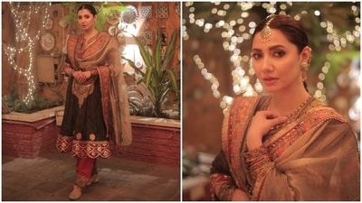 Mahira recently wore a green georgette kurta paired with an earthy red silk salwar from Rimple &amp; Harpreet's Karawan collection and shared the photos on Instagram. The ensemble featured intricate Karigari, which the actor further elevated with statement gold jewels, embroidered, a parandi, and minimal makeup.&nbsp; 
