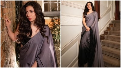 Mahira dazzles in this ombre black and grey Sawan Gandhi saree. The nine yards feature shimmering lace borders and tassel adornments on the pallu. She complemented the drape with a black velvet blouse and a stunning choker necklace.&nbsp; 