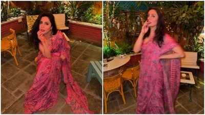 One can never go wrong with a georgette saree, and Mahira proves us right. The actor wears a pink floral printed drape in these photos.&nbsp; 