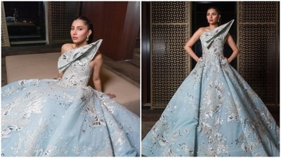 Mahira Khan had her princess moment in this ice-blue Michael Cinco gown featuring a structured neckline, a voluminous skirt, delicate embroidery, a sleek ponytail, dainty earrings, and a blush-tinted glam.&nbsp; 