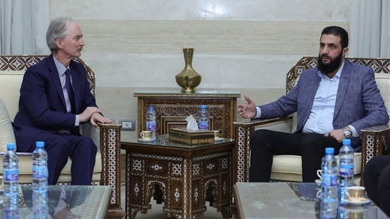 The leader of Hayat Tahrir al-Sham Ahmad al-Sharaa, (Abu Mohammed al-Golani), right, as he meets with United Nations' special envoy to Syria, Geir Pederson, in Damascus, Monday, Dec. 16, 2024. AP/PTI(AP12_16_2024_000257A) (AP)