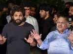 Telugu film actor Allu Arjun with his father Allu Aravind during a press conference, in Hyderabad on Saturday. Telugu film actor Allu Arjun with his father Allu Aravind during a press conference, in Hyderabad on Saturday.