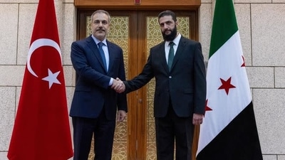 On Sunday, Syria's de facto leader Ahmed al-Sharaa, also known as Abu Mohammed al-Golani, met with Turkish Foreign Minister Hakan Fidan in Damascus. (Reuters) On Sunday, Syria's de facto leader Ahmed al-Sharaa, also known as Abu Mohammed al-Golani, met with Turkish Foreign Minister Hakan Fidan in Damascus. (Reuters)