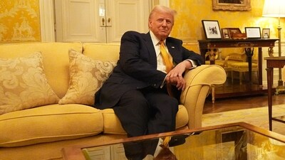 US President Elect, Donald Trump during his meeting with the Prince of Wales in the Salon Jaune room at the UK Ambassadors residence in Paris, France. The pair attended the Notre-Dame Cathedral reopening. Picture date: Saturday December 7, 2024.