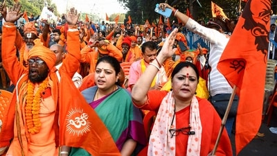 Bharatiya Janata Party leader Locket Chatterjee, along with monks, take out a protest rally under the banner of 'Bengali Hindu Suraksha Samiti' to protest against the attacks on minorities in Bangladesh, in Kolkata. (ANI file)