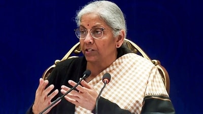 Union finance minister Nirmala Sitharaman speaks at the 55th meeting of the GST Council in Jaisalmer on Saturday. (ANI)