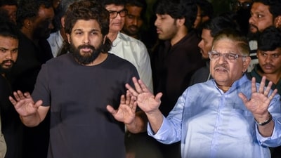 Telugu film actor Allu Arjun with his father Allu Aravind during a press conference, in Hyderabad on Saturday. (PTI) Telugu film actor Allu Arjun with his father Allu Aravind during a press conference, in Hyderabad on Saturday. (PTI)