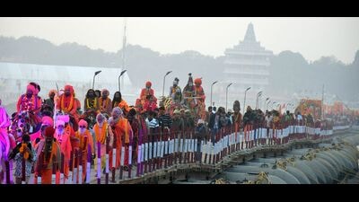 Avahan Akhara enters the mela area in Prayagraj. (Anil Kumar Maurya/HT Photo) Avahan Akhara enters the mela area in Prayagraj. (Anil Kumar Maurya/HT Photo)