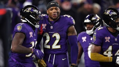 Derrick Henry #22 of the Baltimore Ravens reacts during the third quarter against the Pittsburgh Steelers at M&T Bank Stadium on December 21, 2024 in Baltimore, Maryland. (Getty Images via AFP) Derrick Henry #22 of the Baltimore Ravens reacts during the third quarter against the Pittsburgh Steelers at M&T Bank Stadium on December 21, 2024 in Baltimore, Maryland. (Getty Images via AFP)