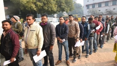 Aspirants standing in a queue before entering an examination center in Patna to appear in the Bihar Civil Court Clerk exam. (Santosh Kumar) Aspirants standing in a queue before entering an examination center in Patna to appear in the Bihar Civil Court Clerk exam. (Santosh Kumar)