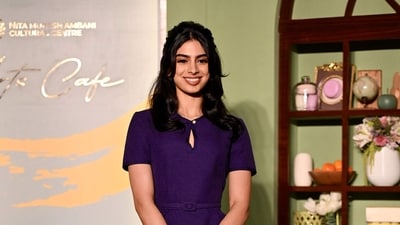 Actor Khushi Kapoor poses during an exclusive preview night of 'NMACC Arts Cafe in Mumbai on December 21, 2024. Khushi is wearing short flared dress from Dior. (AFP) Actor Khushi Kapoor poses during an exclusive preview night of 'NMACC Arts Cafe in Mumbai on December 21, 2024. Khushi is wearing short flared dress from Dior. (AFP)