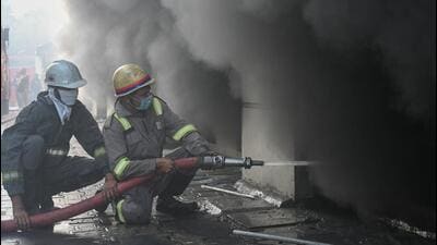 Initially, three fire engines were sent, but as the fire spread rapidly, 17 fire tenders were deployed to contain the blaze. (Sunil Ghosh/HT Photo) Initially, three fire engines were sent, but as the fire spread rapidly, 17 fire tenders were deployed to contain the blaze. (Sunil Ghosh/HT Photo)