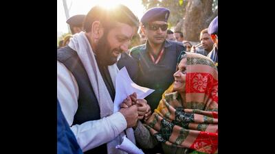Nayab Singh Saini interacting with locals in Ladwa on Sunday. (Nayab Saini/X) Nayab Singh Saini interacting with locals in Ladwa on Sunday. (Nayab Saini/X)