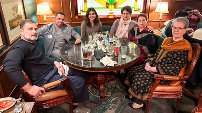 LoP in the Lok Sabha and Congress leader Rahul Gandhi with his mother Sonia Gandhi, sister and MP Priyanka Gandhi Vadra and brother-in-law Robert Vadra has lunch at Kwality restaurant. (PTI) LoP in the Lok Sabha and Congress leader Rahul Gandhi with his mother Sonia Gandhi, sister and MP Priyanka Gandhi Vadra and brother-in-law Robert Vadra has lunch at Kwality restaurant. (PTI)