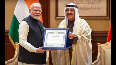 Prime Minister Narendra Modi being conferred with Kuwait's highest honour 'The Order of Mubarak Al Kabeer' by Amir of Kuwait Sheikh Meshal Al-Ahmad Al-Jaber Al Sabah, in Kuwait, on Sunday. (PTI) Prime Minister Narendra Modi being conferred with Kuwait's highest honour 'The Order of Mubarak Al Kabeer' by Amir of Kuwait Sheikh Meshal Al-Ahmad Al-Jaber Al Sabah, in Kuwait, on Sunday. (PTI)