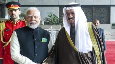 Prime Minister Narendra Modi with his Kuwaiti counterpart Sheikh Ahmad Abdullah Al-Ahmad Al-Sabah during a meeting, in Kuwait, Sunday. (PTI) Prime Minister Narendra Modi with his Kuwaiti counterpart Sheikh Ahmad Abdullah Al-Ahmad Al-Sabah during a meeting, in Kuwait, Sunday. (PTI)