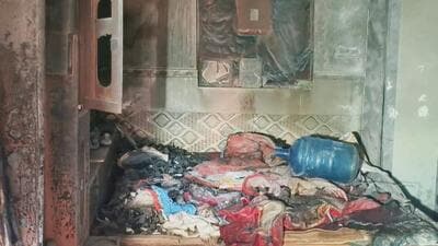 Since the duo’s mother is also engaged in jacket stitching work, a lot of raw material was also stocked in that fateful room, the material also caught fire. (Sakib Ali/HT Photo) Since the duo’s mother is also engaged in jacket stitching work, a lot of raw material was also stocked in that fateful room, the material also caught fire. (Sakib Ali/HT Photo)