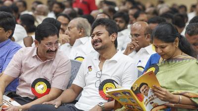Tamil Nadu Deputy Chief Minister and DMK leader Udhayanidhi Stalin with party leaders Kanimozhi Karunanidhi and Dayanidhi Maran at the party's General Council Meeting in Chennai, on Sunday (PTI) Tamil Nadu Deputy Chief Minister and DMK leader Udhayanidhi Stalin with party leaders Kanimozhi Karunanidhi and Dayanidhi Maran at the party's General Council Meeting in Chennai, on Sunday (PTI)
