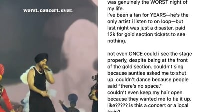 The fan posted a video from Diljit Dosanjh's Mumbai concert along with a long rant on Instagram. (Instagram/@diyaachughh) The fan posted a video from Diljit Dosanjh's Mumbai concert along with a long rant on Instagram. (Instagram/@diyaachughh)