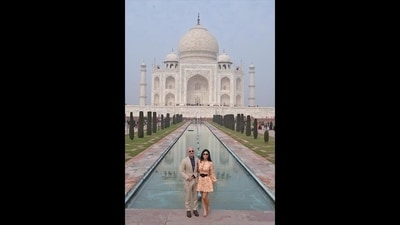 Amazon CEO Jeff Bezos with his partner Lauren Sanchez at the Taj Mahal in Agra, Uttar Pradesh.&nbsp; (HT Photo)